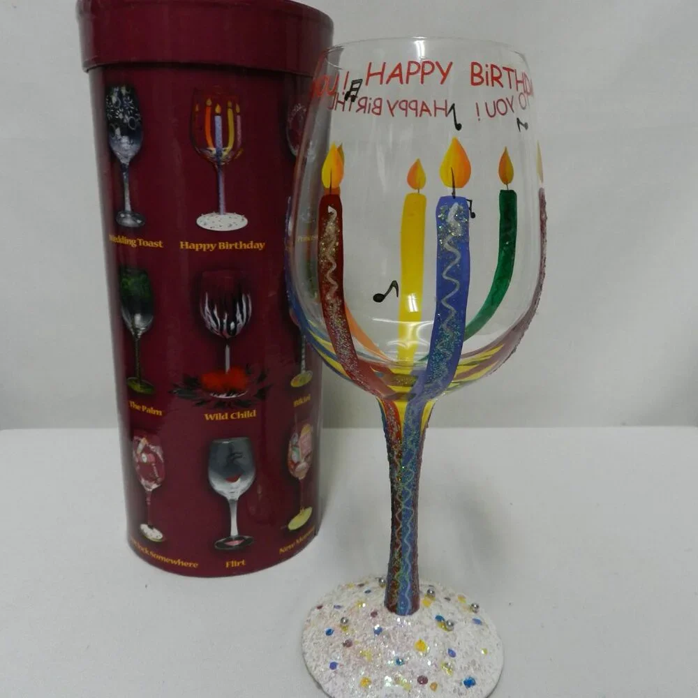 Lolita Happy Birthday Wine Glass Hand Painted Candles Recipe Bottom 15 oz w/ Box